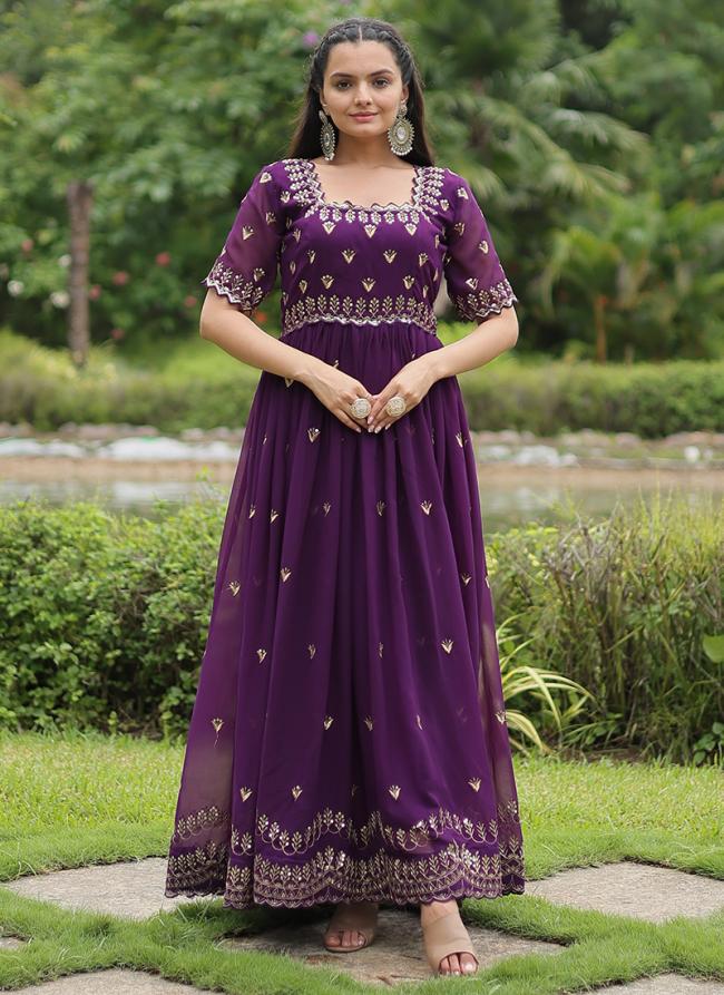 Georgette Purple Party Wear Embroidery Work Readymade Gown